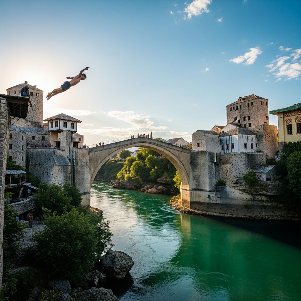 Experience the thrilling tradition of leaping from Bosnia's Stari Most into the Neretva River, a rite of courage blending history and adrenaline.