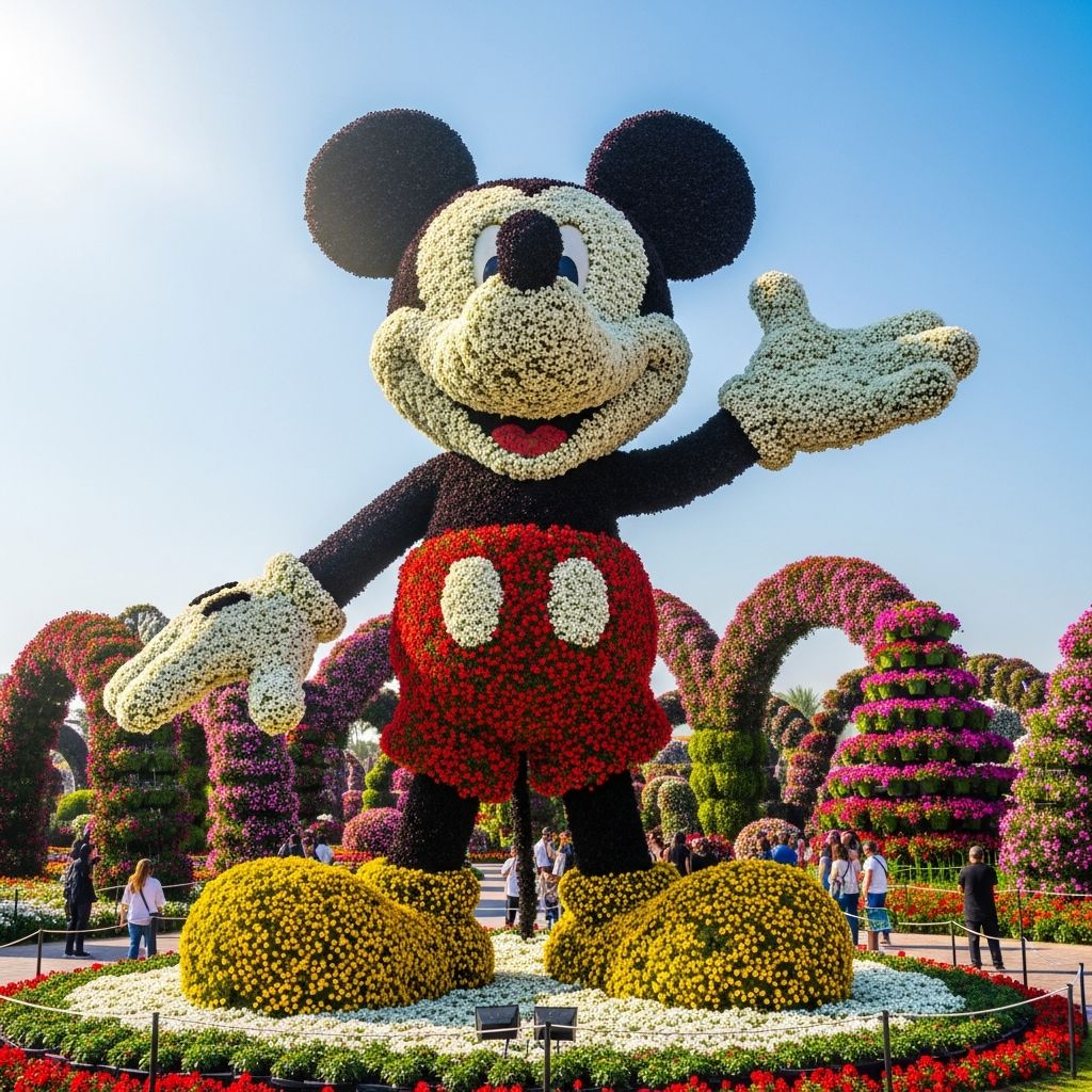 Dubai Miracle Garden’s Giant Floral Mickey Mouse Discover the record-breaking 18-meter floral Mickey Mouse at Dubai's Miracle Garden, a stunning blend of Disney magic and horticultural wonder.