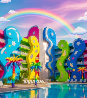 Step into a vibrant '90s dreamscape with Lisa Frank-inspired hotel room bursting with color, nostalgia, and playful designs in Los Angeles.